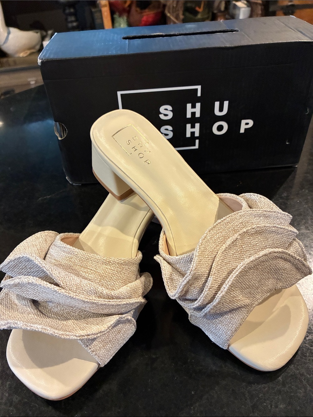 ShuShop NEW Beige Ruffle Mule Slides Sz 7.5